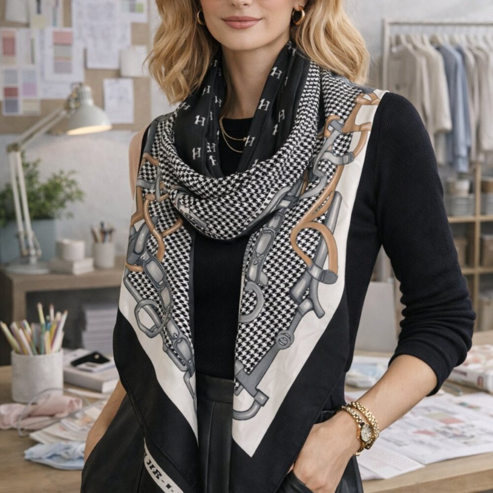 HRS39 Grey & Black Horse bit Silk Scarf